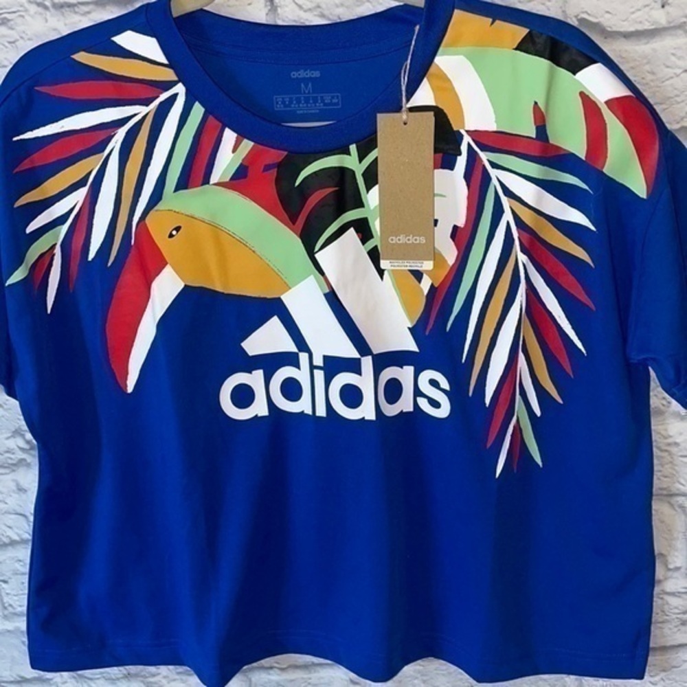 NWT Adidas x FARM RIO Toucan Colorful Tropical Athleisure Crop Top Tee Shirt